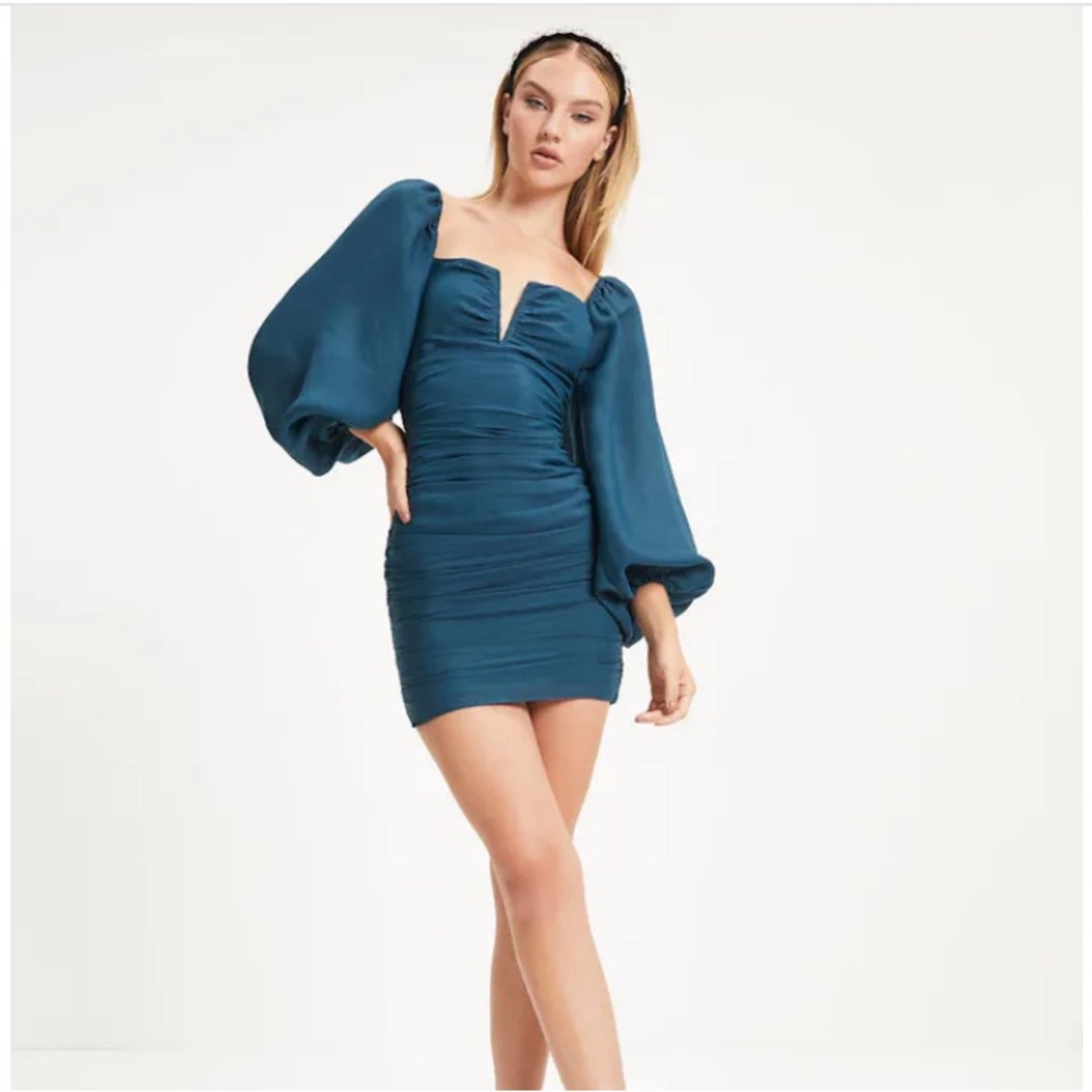 Vici Storia brand - LUCINDA RUCHED PUFF SLEEVE MINI DRESS - DARK TEAL